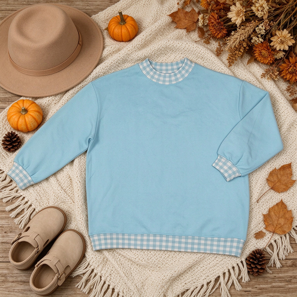 NEW RTS NO MOQ milk silk GT1795 Sweatshirt Material Adult Women Light Blue Sweater Gingham Tee Shirts Tops Casual Wear