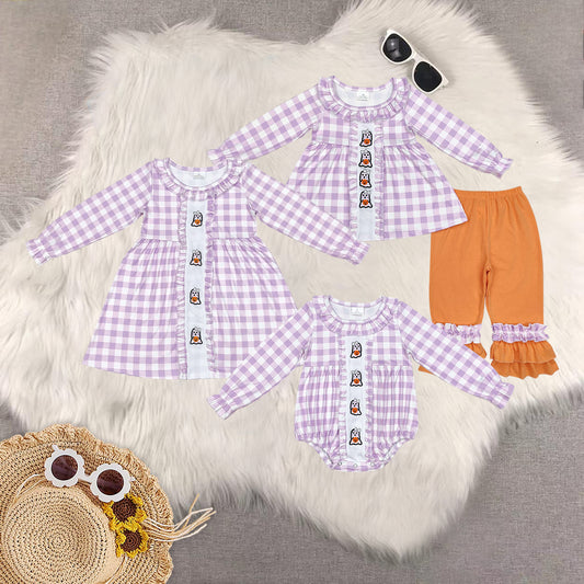 RTS NO MOQ Sibling baby girls clothes embroidery halloween long-sleeved trousers suit & romper & dress