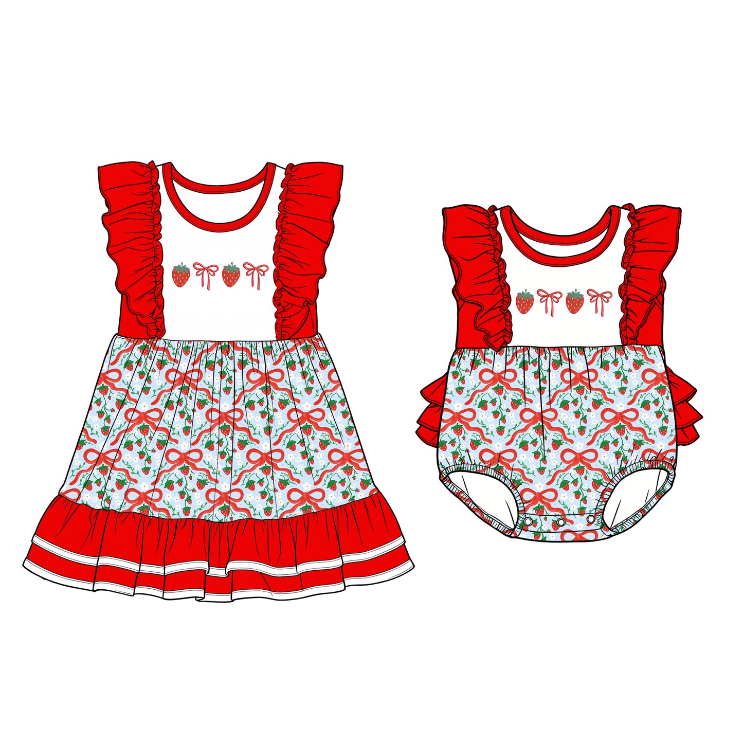 25.12.10 custom each style moq 5 eta 6-8week Sibling Sister strawberry bow baby short sleeve romper and dress match design