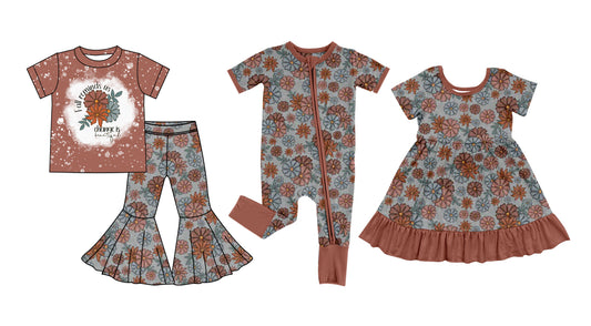 5.5 custom each style moq 5eta 4-6week Sibling Sisters floral baby girl short sleeve pants sets and dress and rompers match family design