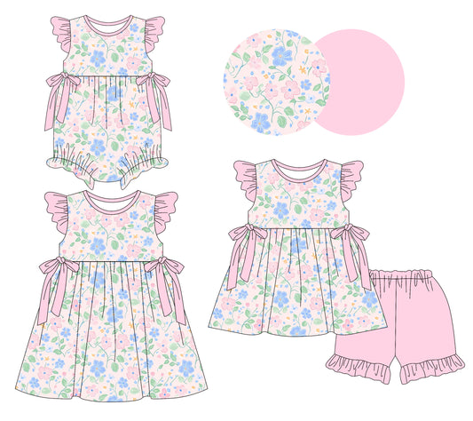 26.1.12 custom each style moq 5 eta 6-8week Sibling Sister floral baby short sleeve shorts sets and romper and dress match design