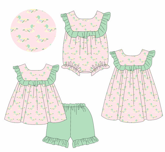 25.11.1 custom each style moq 5 eta 6-8week Sibling Sister duck baby short sleeve shorts sets and romper and dress match design
