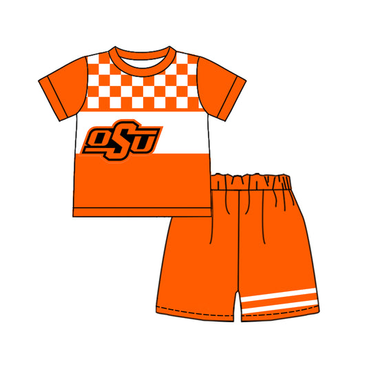 Custom moq 5 mix size milk silk summer teams Baby Boys Casual Orange Plaid Short Sleeve Top Shorts Set