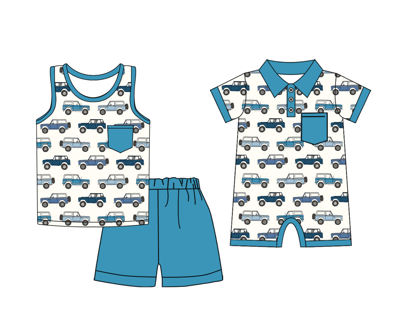 Custom moq 5 mix size Sibling Blue sleeveless top and shorts set  romper for baby boys