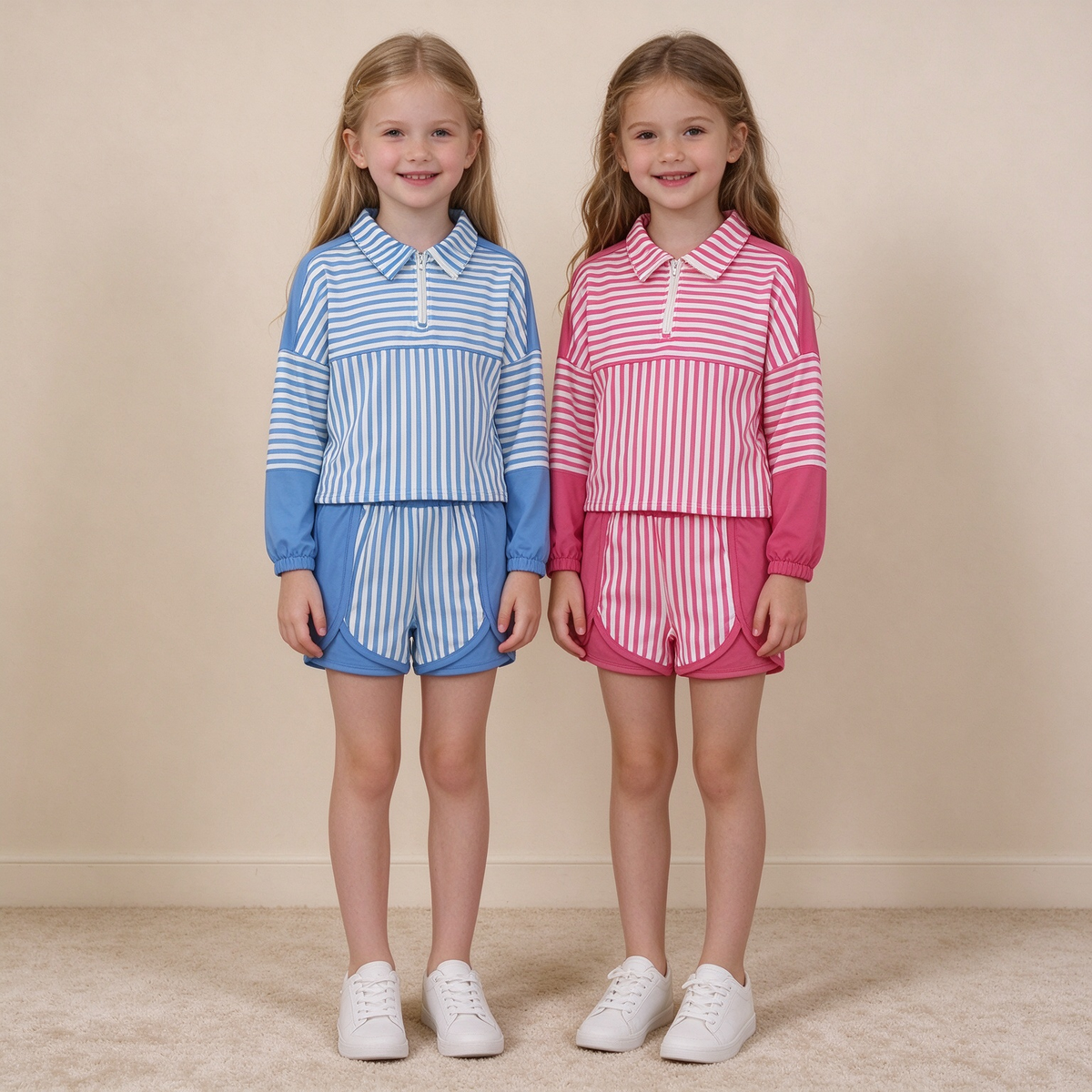 RTS NO MOQ Sibling yoga fabric Baby Girls Stripe Half Zip Pullover Top Shorts Yoga Clothes Sets