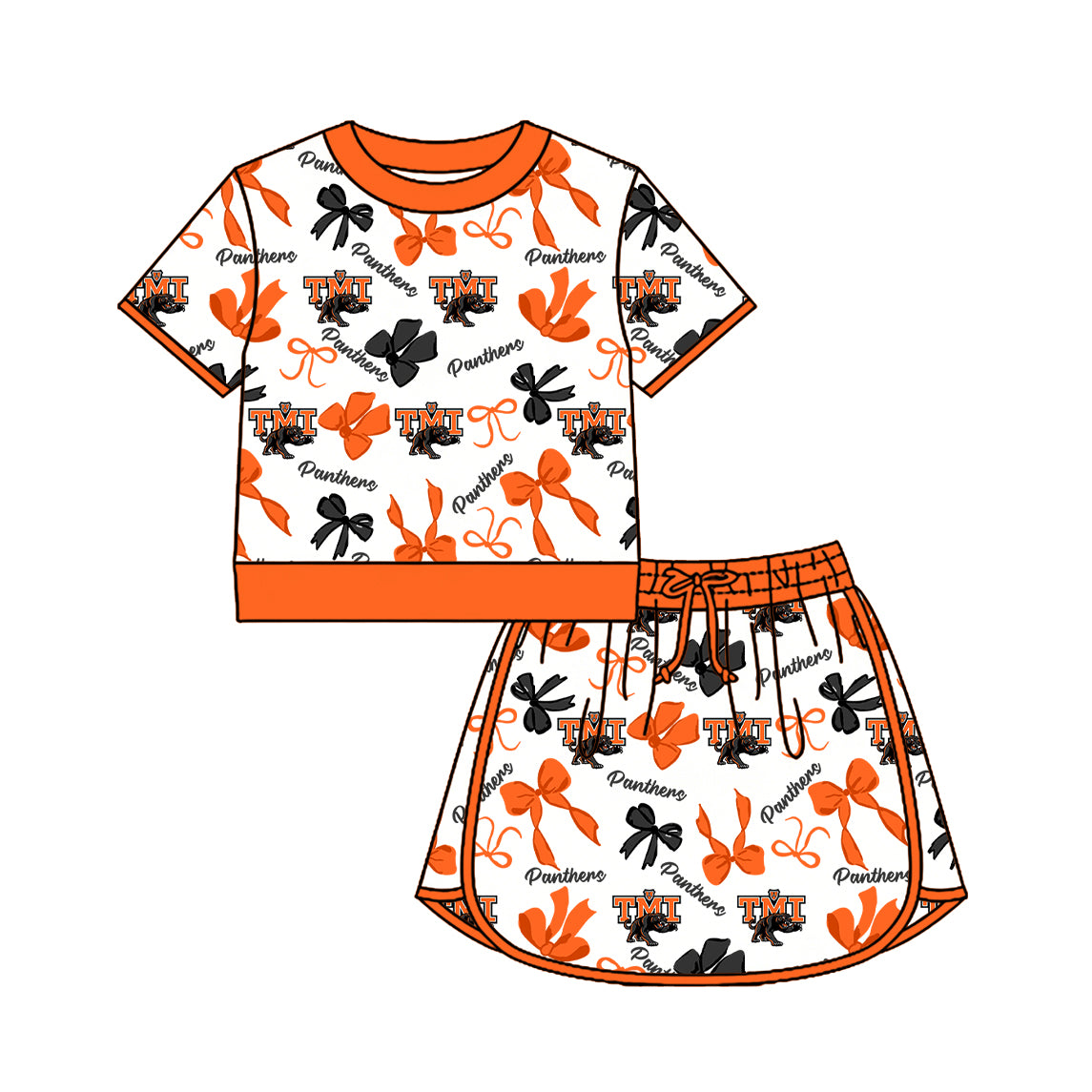 Custom moq 5 mix size milk silk summer teams Girls Orange Polka Dot Top Shorts Set Top Skirt Short Set Zipper Pullover Jogger Pants Set