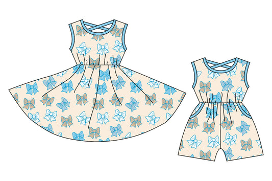 12.26 custom each style moq 5eta 4-6week Sibling Sister bow baby girl short sleeve shorts dress and jumpsuit match design
