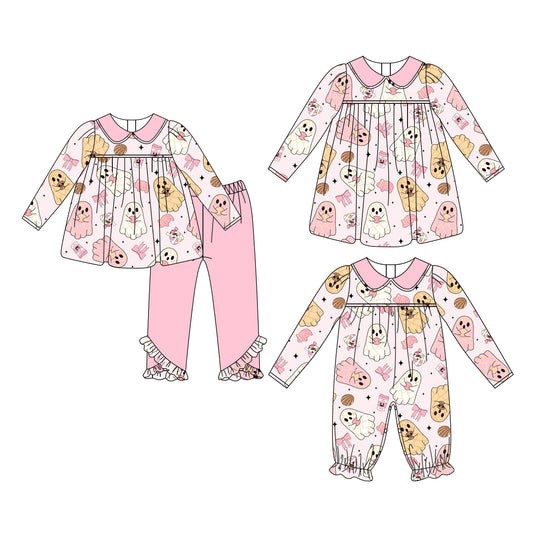 25.6.13 custom each style moq 5eta 4-6week Sibling Sisters ghost baby girl long sleeve pants sets and dress and rompers match family design
