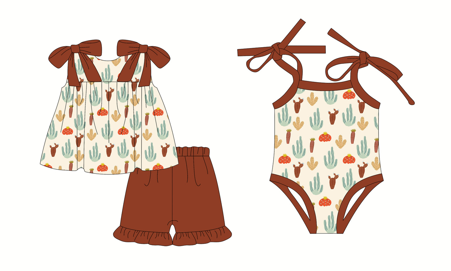 2.26 custom each style moq 5eta 4-6week Sibling Sister catcus baby girl short sleeve shorts sets and romper match design