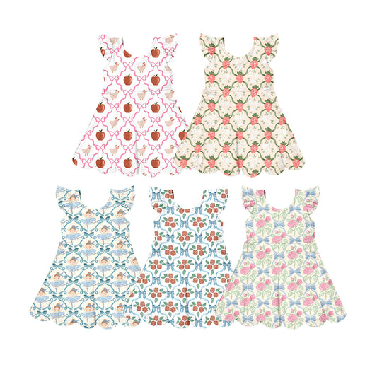 Custom moq 5 mix size Sibling Baby Girls Bow Print Flying sleeves Knee-Length Yoga Dress
