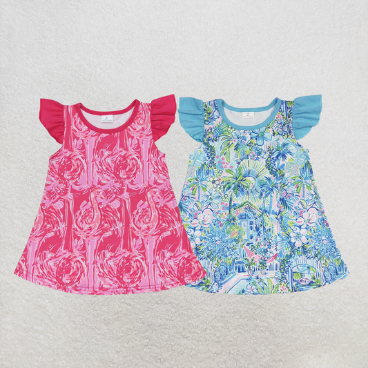 RTS NO MOQ Sibling Baby Girls  Pink Flamingo Flutter Sleeve Tunic Tops