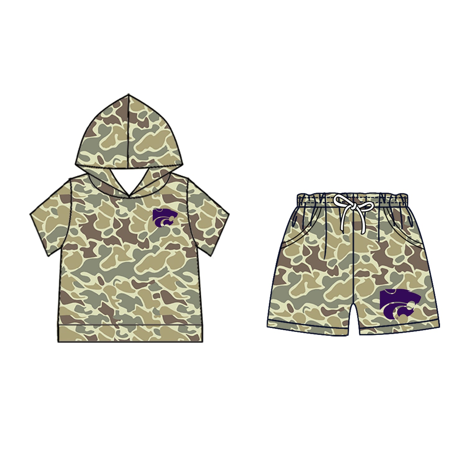 Custom moq 5 mix size milk silk summer teams Baby Camo Hooded Short Sleeve Top and Shorts Set Purple Ice Cream Drips Hooded Top with Matching Shorts
