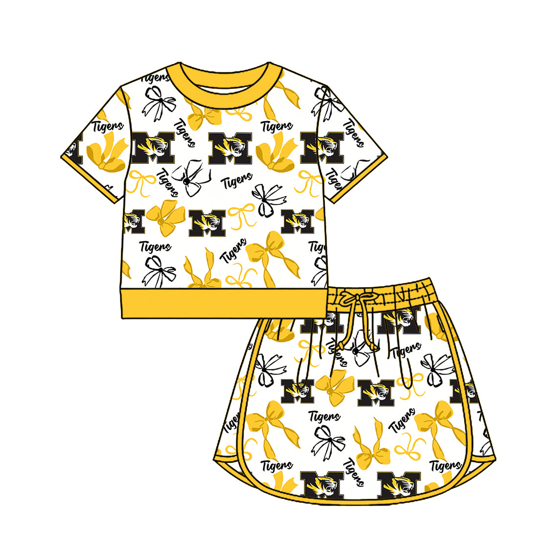 Custom moq 5 mix size summer teams Girls Polka Dot Top Shorts Set Yellow Bows Top Skirt Short Set Zipper Pullover Pants Set