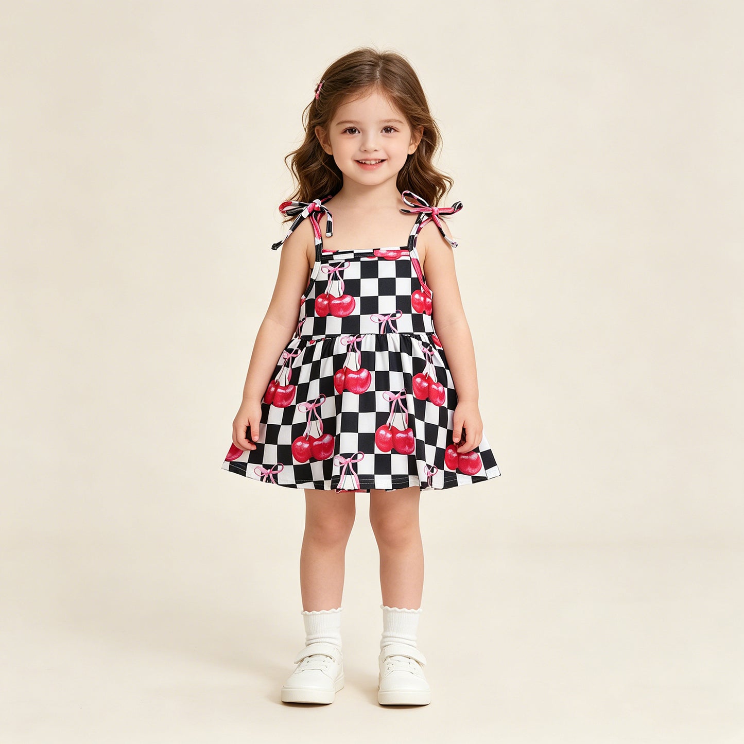 RTS NO MOQ SR3854 Baby Girls Cute Strap Black Checked Cherry Ruffle Rompers