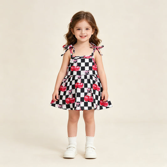 RTS NO MOQ SR3854 Baby Girls Cute Strap Black Checked Cherry Ruffle Rompers