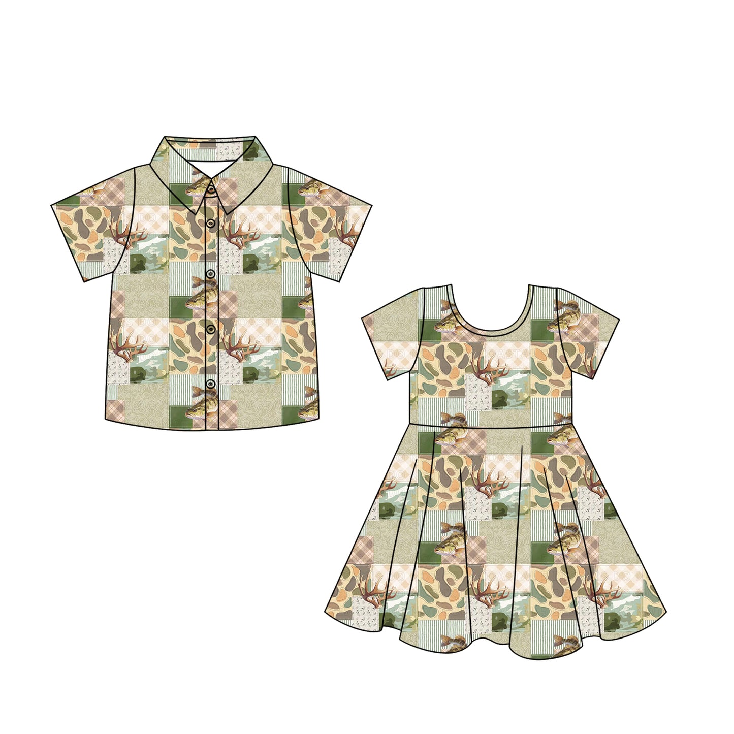 3.3 Custom moq 5 mix size Sibling Baby Girl's Camouflage Short-Sleeved Dress Baby Boy's Short-Sleeved Button Shirt Matching Outfit Set for Infants