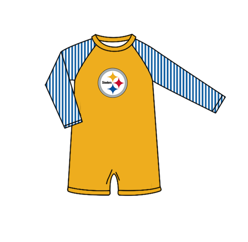 Custom moq 5 mix size milk silk summer teams baby girl boys clothes Yellow Two-Piece Swimsuit Set One Piece Swimsuits boy swim trunks