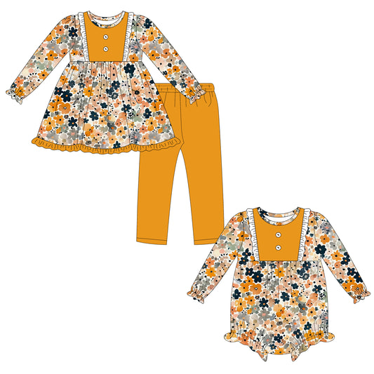 25.6.20 custom each style moq 5eta 4-6week Sibling Sisters floral baby girl long sleeve pants sets and rompers match family design