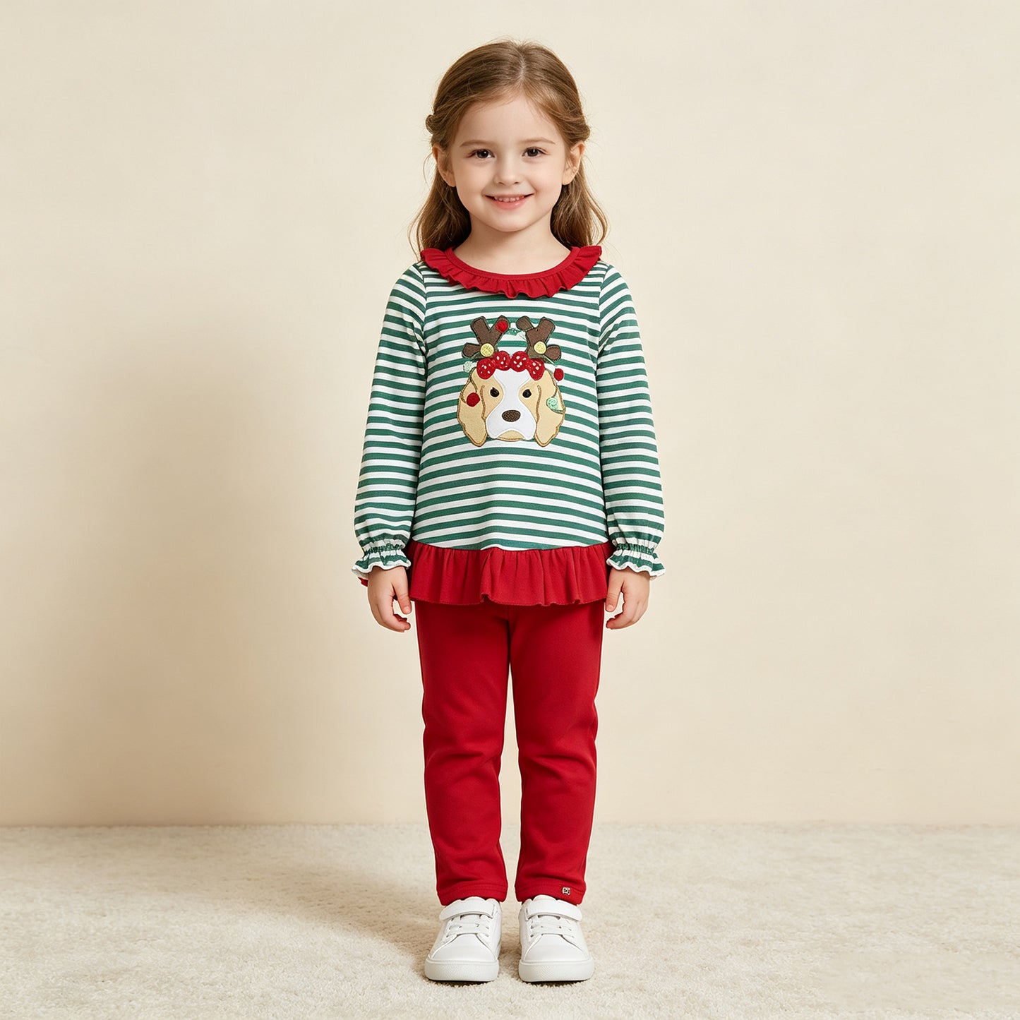 NEW RTS NO MOQ milk silk GLP3494 Embroidery Girls Green Stripe Light Dog Print Tunic Matching Legging Pant Christmas Clothes Set