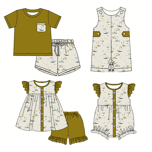 3.8 custom each style moq 5eta 4-6week Sibling Sister baby girl short sleeve shorts sets and sets 2 and boy romper and girl romper match design