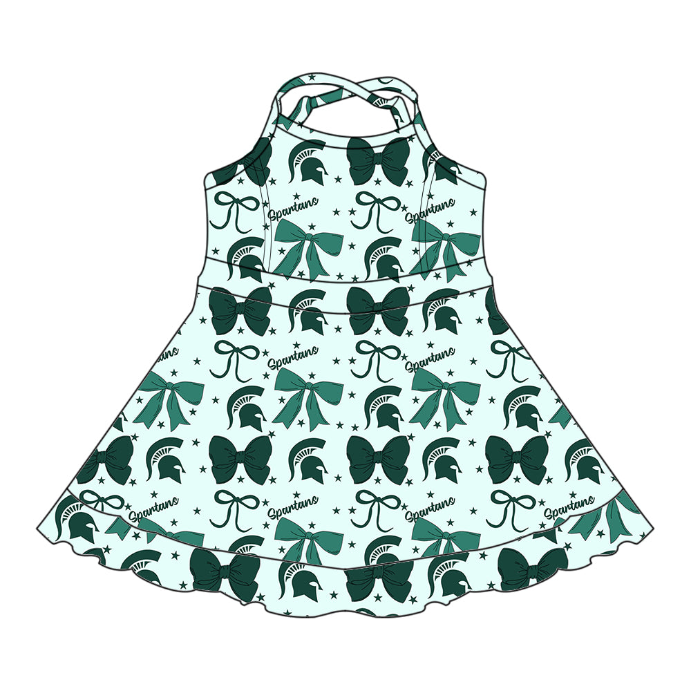 Custom moq 5 mix size milk silk summer teams baby girls clothes team bow green sleeveless skirts sets and dress 1 and dress 2 and dress 3-25.6.26
