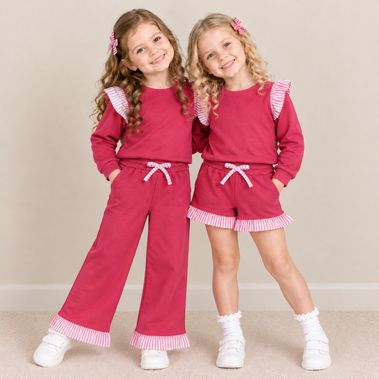 RTS NO MOQ Sibling milk silk Baby Girls Watermelon Red Stripe Ruffle Long Sleeve Top Pant Short Set