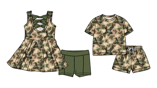 3.6 Custom moq 5 mix size Sibling Baby Girls Green Camouflage Sleeveless Back Bows Tunic Shorts Matching Short-Sleeved Shorts Set