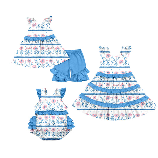 Custom moq 5 mix size Sibling Baby Girl's Floral Print blue Short-Sleeved Top And Shorts Set Cute Romper Dress for Spring Summer