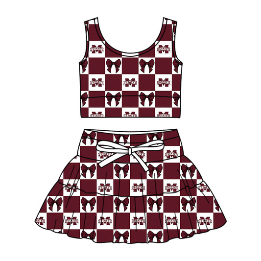 Custom moq 3 or 5 mix size milk silk summer teams baby girl clothes bow brick red sleeveless skirts sets-26.1.19