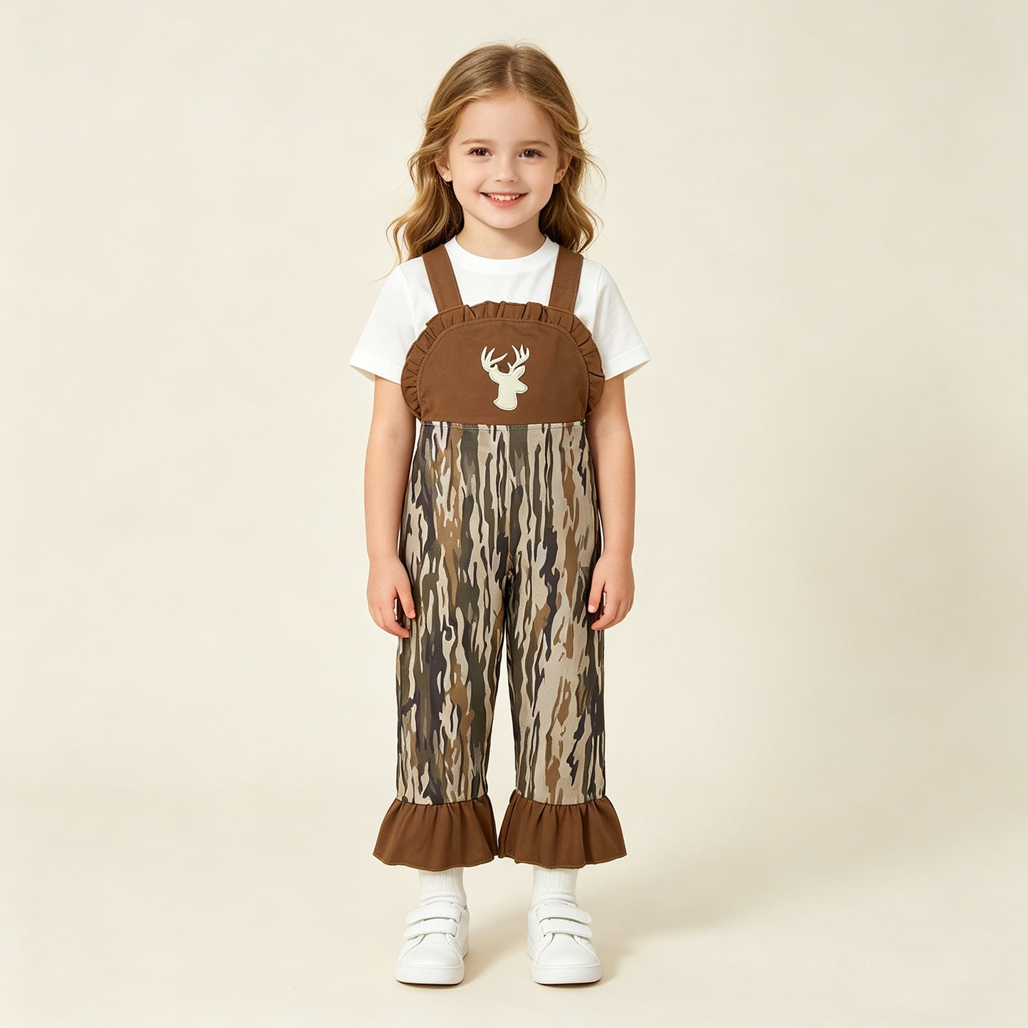RTS NO MOQ SR4047 Toddler Girls Strap Jumpsuits Olive Camo Hunting Style With Deer Embroidery