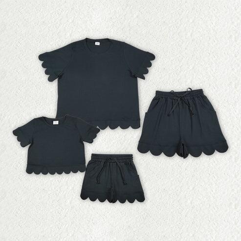 RTS NO MOQ Sibling  Mom And Me Black Short Sleeve Top With Pockets Scallop Shorts Sets