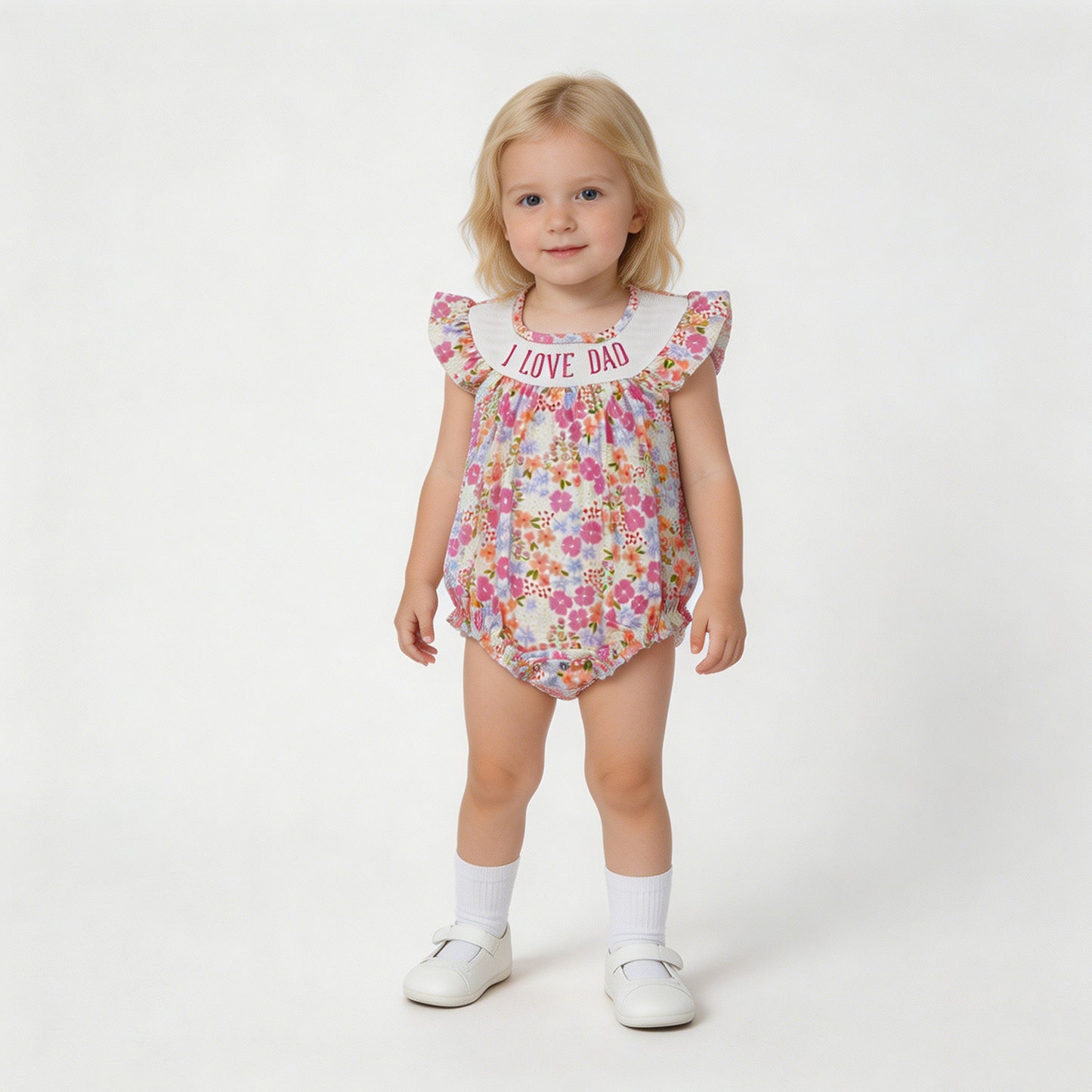 RTS NO MOQ milk silk SR4142 Baby Girls Cute Smocked I Love Dad Colorful Flowers Ruffle Rompers