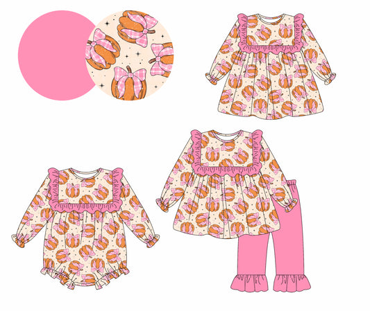 25.5.14 custom each style moq 5eta 4-6week Sibling Sisters pumpkin bow baby girl long sleeve pants sets and dress and rompers match family design