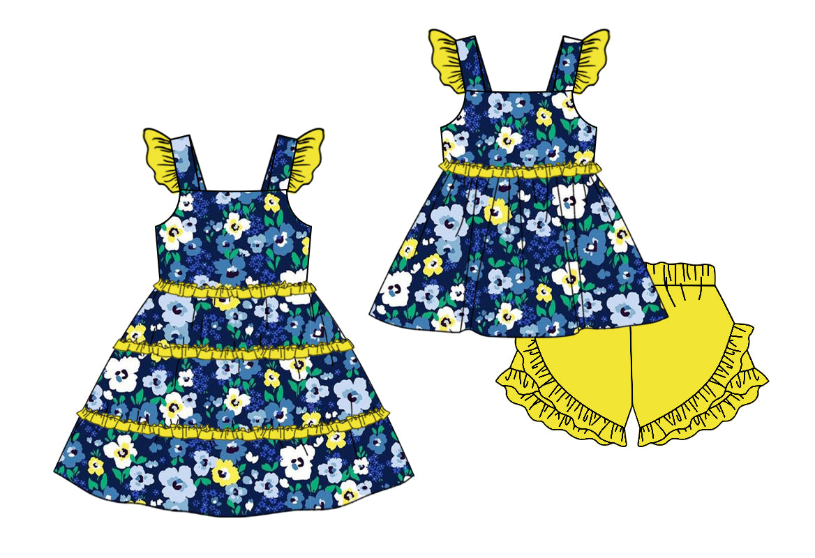 11.11 custom each style moq 5eta 4-6week Sibling Sister floral baby girl short sleeve shorts sets and dresses match design