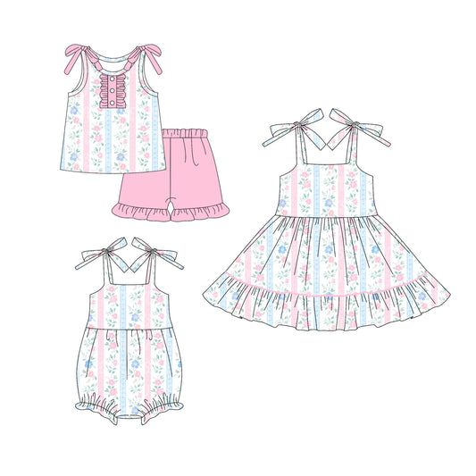25.5.22 custom each style moq 5eta 4-6week Sibling Sisters floral bow pink baby girl short sleeve shorts sets and dress and rompers match family design