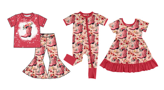 25.5.24 custom each style moq 5eta 4-6week Sibling Sisters boots floral baby girl short sleeve pants sets and dress and rompers match family design