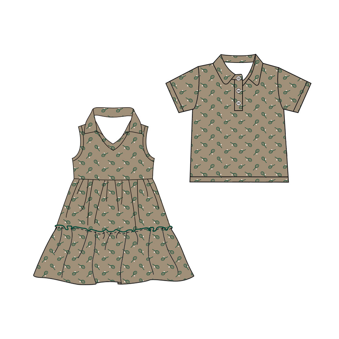3.25 Custom moq 5 mix size Sibling Baby Girl's Brown Flutter Sleeves Knee-Length Dress Matching Boy's Short-Sleeved Button-Down Shirt Outfit Set