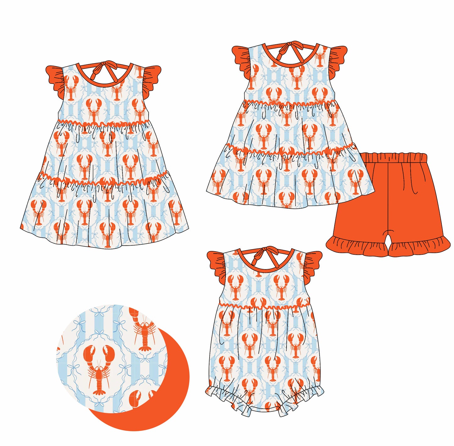 26.1.23 custom each style moq 5 eta 6-8week Sibling Sister lobster bow baby short sleeve shorts sets and romper and dress match design