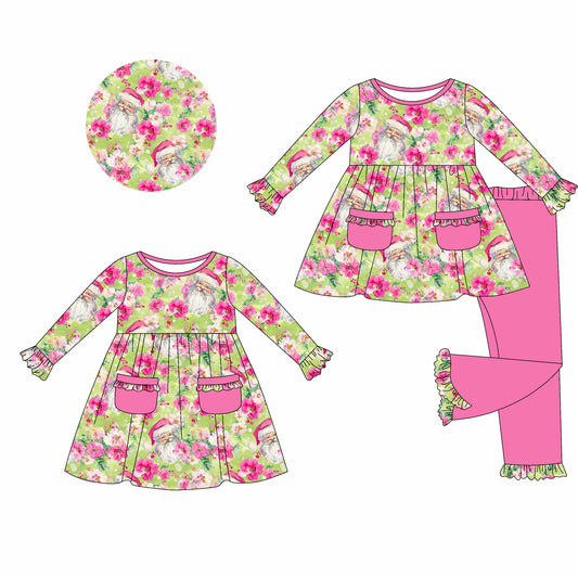 25.5.30 custom each style moq 5eta 4-6week Sibling Sisters Christmas floral pink baby girl long sleeve pants sets and dress match family design