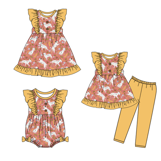 5.6 custom each style moq 5eta 4-6week Sibling Sisters puppy baby girl short sleeve pants sets and dress and rompers match family design