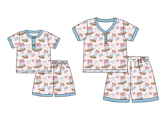4.21 custom each style moq 5eta 4-6week Sibling Sister boot bow short sleeve shorts sets and adult sets match design