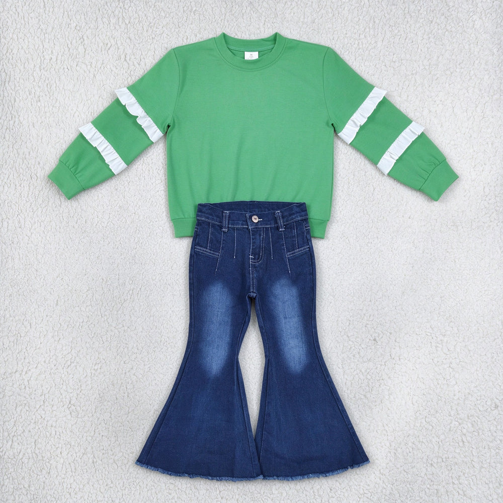 NEW RTS NO MOQ Denim GT1858+ P0457 Baby Girls Green White Patchwork Long Sleeve T-shirts Top Western Navy Bell Flare Denim Pants Sets