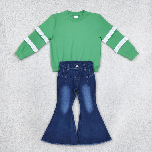 NEW RTS NO MOQ Denim GT1858+ P0457 Baby Girls Green White Patchwork Long Sleeve T-shirts Top Western Navy Bell Flare Denim Pants Sets