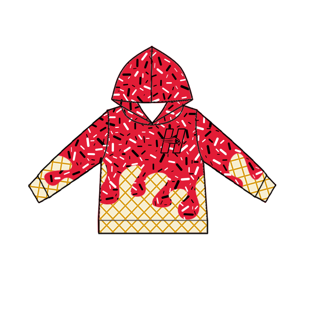 custom moq 5 mix size MSD082406 Baby Kids Red Sprinkle Ice Cream Drip Waffle Cone Print Hooded Sweatshirt Team Long Sleeve Pullover Top