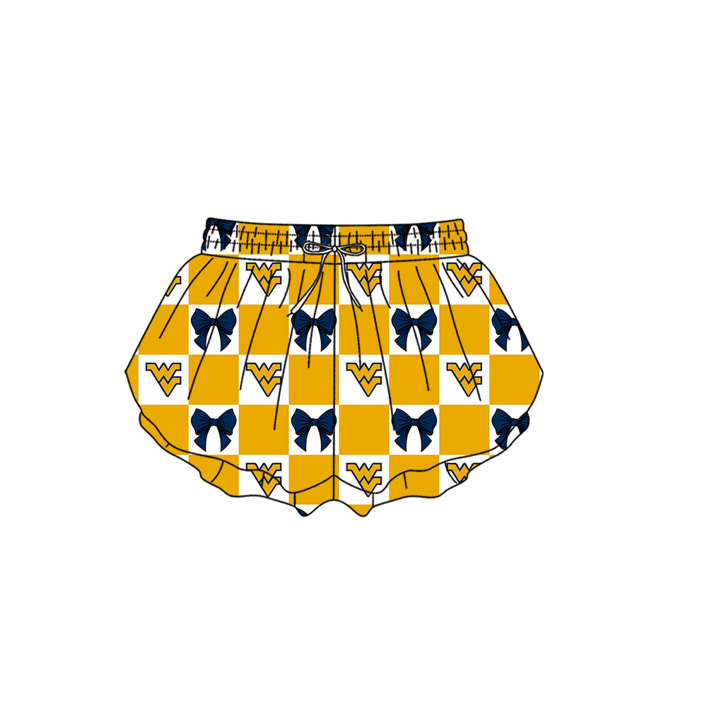Custom moq 3 or 5 mix size milk silk summer teams baby girl clothes bow yellow summer shorts-26.1.26