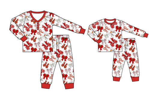 25.5.12 custom each style moq 5eta 4-6week Sibling Sister Christmas bow long sleeve pants sets and adult sets match design