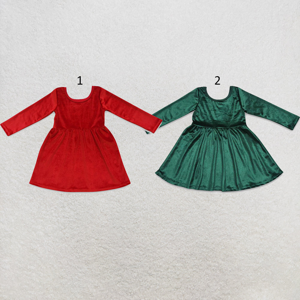 RTS NO MOQ Sibling cotton Baby Girls Solid Color Long Sleeve Velvet Knee Length Dress