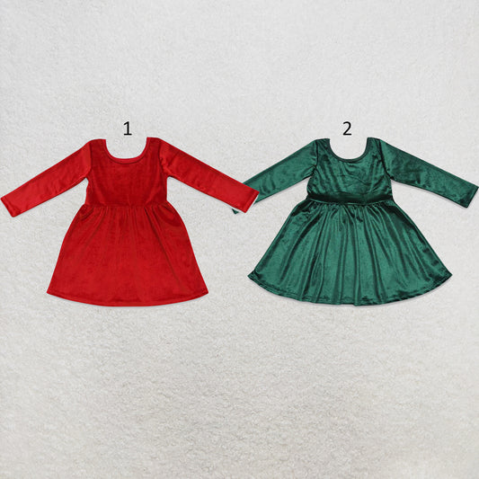 RTS NO MOQ Sibling cotton Baby Girls Solid Color Long Sleeve Velvet Knee Length Dress