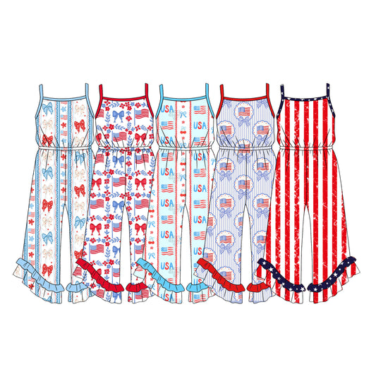 Custom moq 5 mix size Baby Girls Bow-Print Sleeveless Jumpsuit 4th of July Patriotic Outfit Toddler Clothes