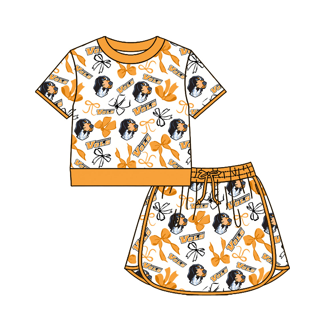 Custom moq 5 mix size summer teams Girls Polka Dot Top Shorts Set Orange Bows Top Skirt Short Set Zipper Pullover Pants Set